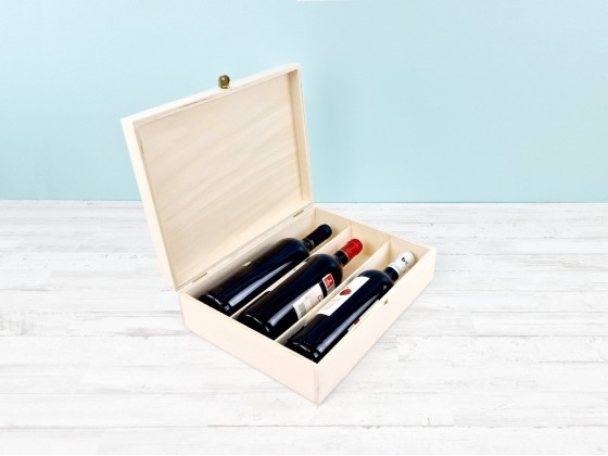 Wooden box 3 Bottles of wine Hinge and Brooch Ref.3botBB