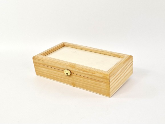 Caja de madera 28,5x15x7 cm. c/tapa de cristal y 2 bandejas Ref.PCR4V