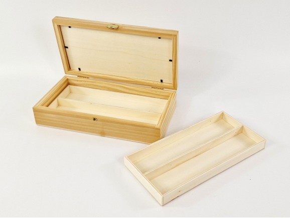 Caja de madera 28,5x15x7 cm. c/tapa de cristal y 2 bandejas Ref.PCR4V