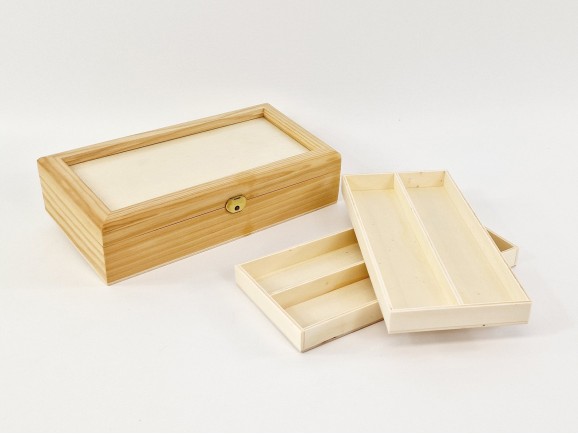 Wooden box 28.5x15x7 cm. with glass lid and 2 trays Ref.PCR4V