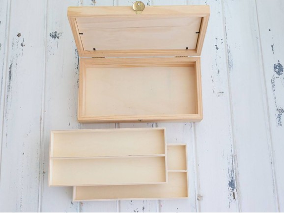 Caja de madera 28,5x15x7 cm. c/tapa de cristal y 2 bandejas Ref.PCR4V