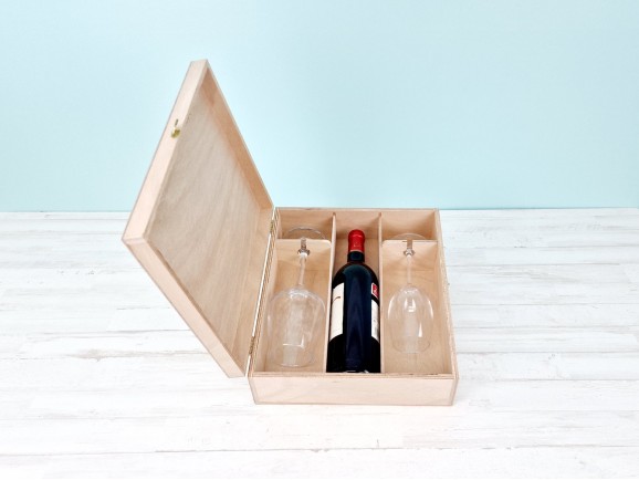 Caja madera 1 Botella + 2 copas bisagra y broche Ref.PC33