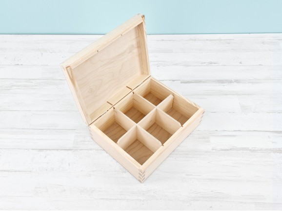 Caja de madera pino 22x17x8,5 cm. 6 divisiones Ref.DRPH306