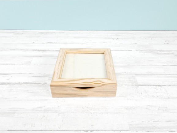 Caja de madera 21x21x6,5 cm. c/tapa de cristal Ref.PC4BV