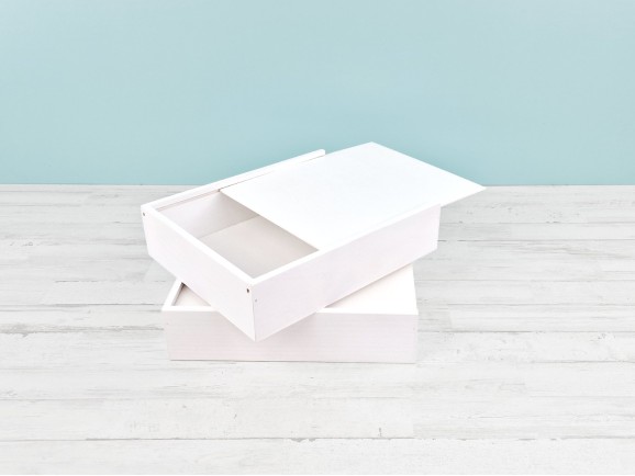 Caja de madera pino Blanca 29x24x7 cm. c/tapa corredera Ref.PF2025B