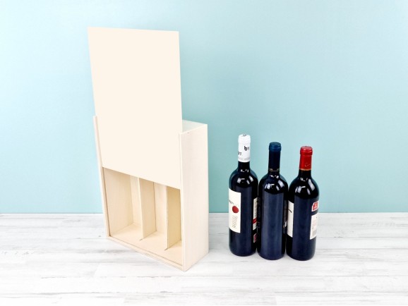 Wooden box for 3 wine bottles with sliding lid Ref.3botTC