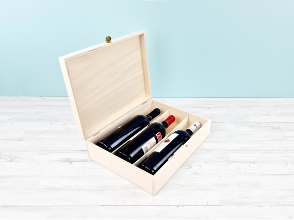 Wooden box 3 Bottles of wine Hinge and Brooch Ref.3botBB