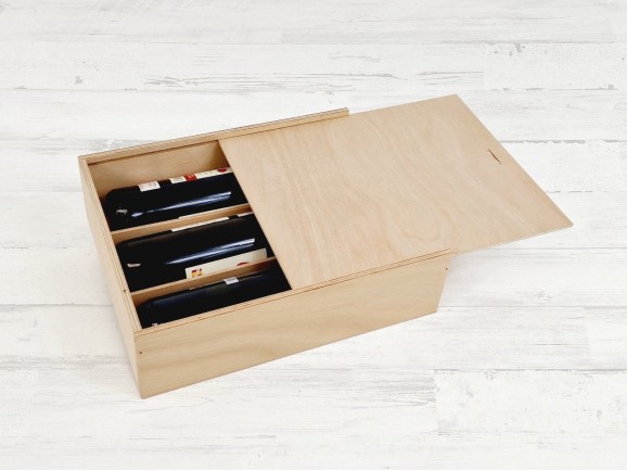 Caja madera 3 Botellas de vino Tapa Corredera Ref.3BotTCOK