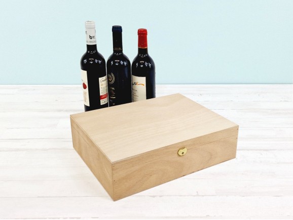 Caja madera 3 Botellas de vino Bisagra y Broche Ref.3botBBOK