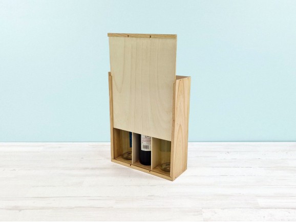 Pine Wood Box for 3 Bottles with Sliding Lid and Frame Ref.3PbotTC