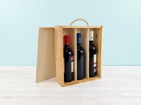 Pine Wood Box for 3 Bottles with Sliding Lid and Frame Ref.3PbotTC
