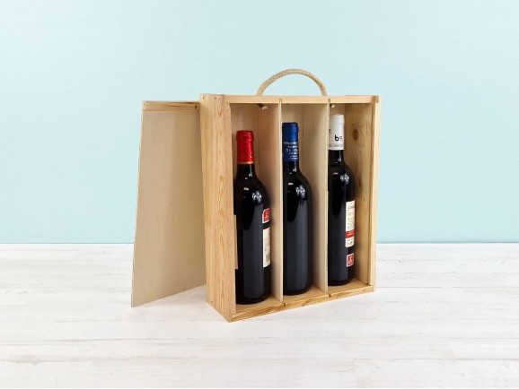Pine wood box for 3 wine bottles Sliding lid Frame Ref.