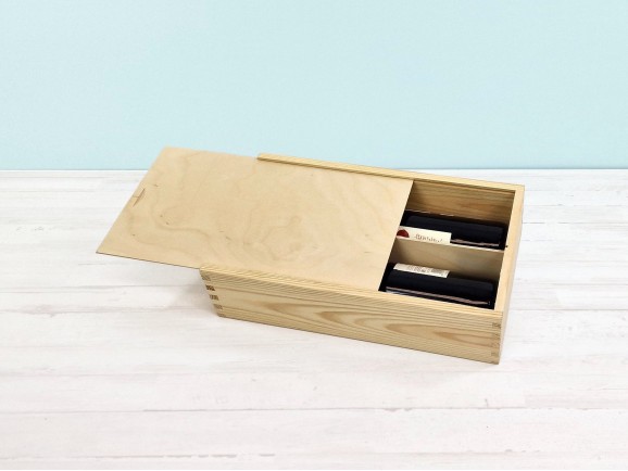Caja madera pino 2 Botellas de cava tapa corredera Ref.DRSW232