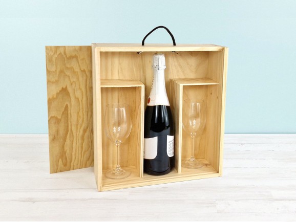 Caja madera 1 Botella + 2 copas Tapa Corredera Ref.TC8J3