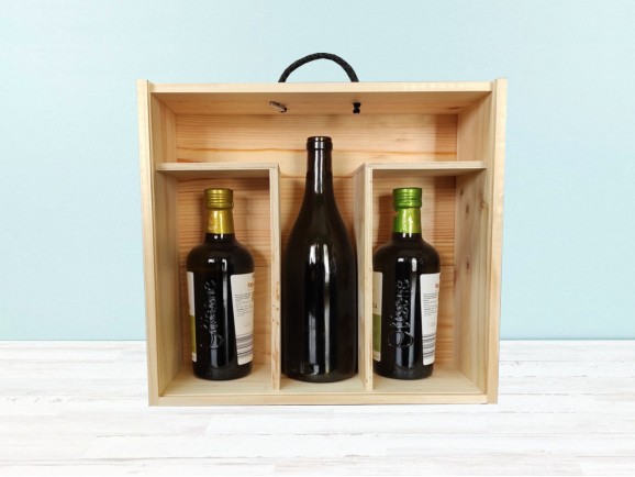 Caja madera 1 Botella + 2 copas Tapa Corredera Ref.TC8J3