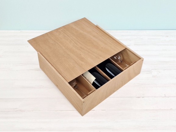 Wooden box for 2 bottles + 2 glasses with sliding lid Ref.PC4G2
