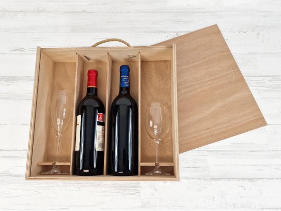 Caja madera para 2 botellas + 2 copas tapa corredera Ref.PC4G2