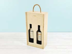 Wooden box for 2 bottles sliding lid silhouette design Ref.2botTCR