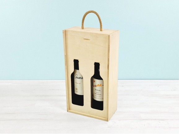 Wooden box for 2 bottles sliding lid silhouette design Ref.2botTCR