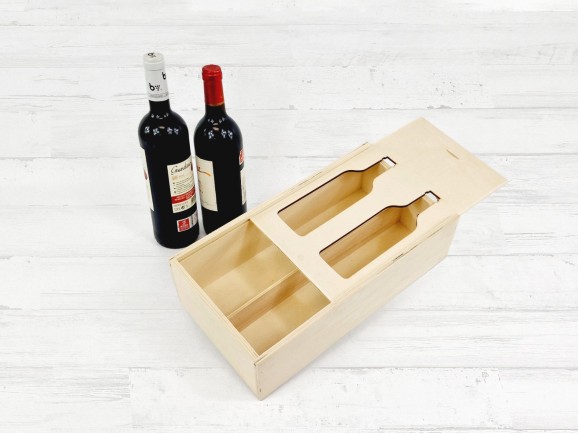 Wooden box for 2 bottles sliding lid silhouette design Ref.2botTCR
