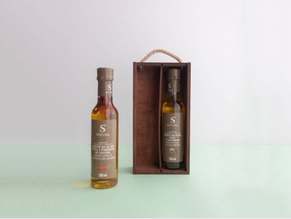 Caja madera Envejecida 2 Botellas aceite c/tapa corredera Ref.2BotME
