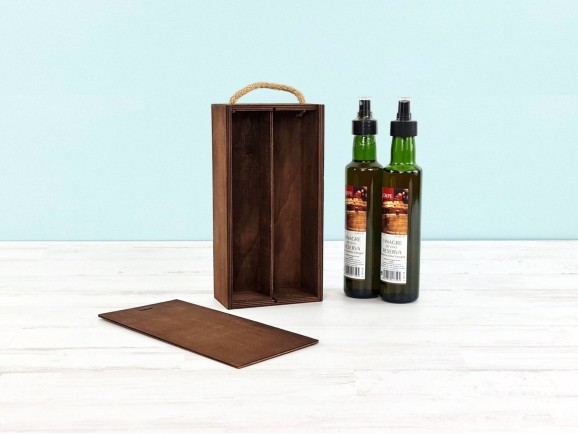 Caja madera Envejecida 2 Botellas aceite c/tapa corredera Ref.2BotME