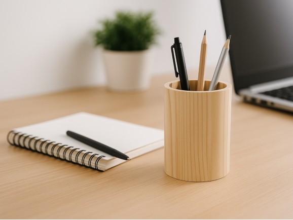 Round pinewood pencil holder, Ø8x10 cm. Ref. TEM2548