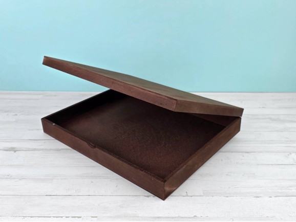 Aged wooden box 44.5x34.5x7 cm. with hinge and magnetic clasp