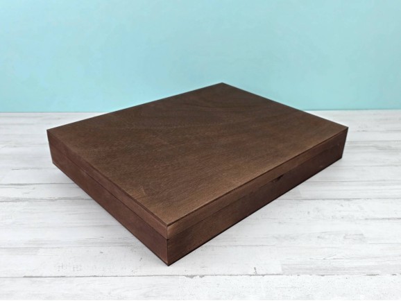 Aged wooden box 44.5x34.5x7 cm. with hinge and magnetic clasp