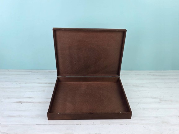 Aged wooden box 44.5x34.5x7 cm. with hinge and magnetic clasp