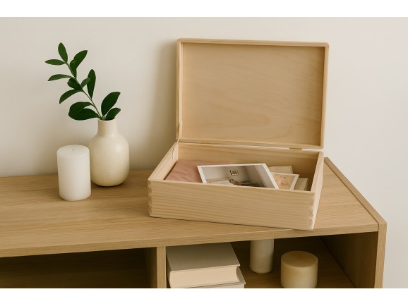 Pine wood box 40x30x13 cm. with hinge Ref. DRSD140B