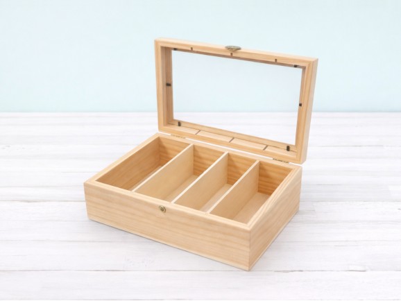 Caja de madera 29x14x9 cm. 4 divisiones c/tapa de cristal Ref.P00CC5V