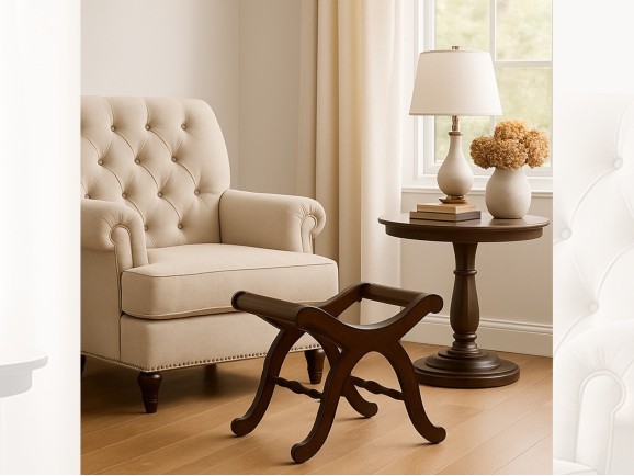 Walnut color varnished wooden footstool Ref. 26321