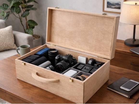 Wooden suitcase box 38.5x26.5x16 cm. with wooden handle Ref. PCM55