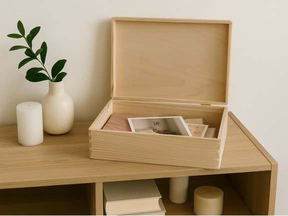 Caja de madera pino 40x30x13 cm. c/bisagra Ref.DRSD140B