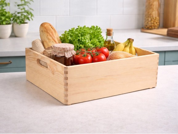 Pine wood basket box 40x30x14 cm. with handles Ref.DRSN140N
