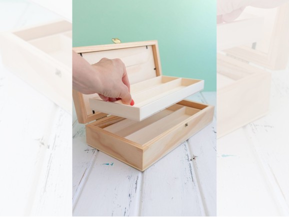 Caja de madera 28,5x15x7 cm. c/tapa de cristal y 2 bandejas Ref.PCR4V