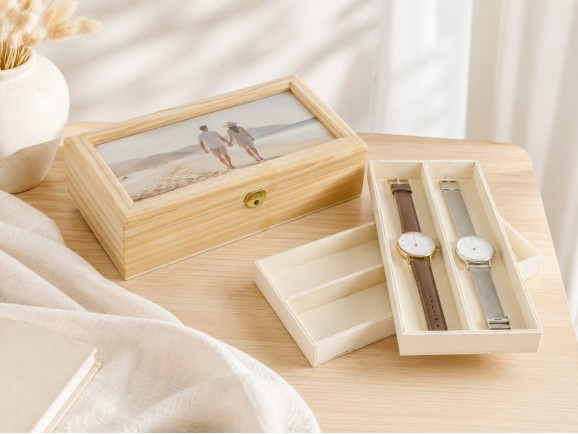 Wooden box 28.5x15x7 cm. with glass lid and 2 trays Ref.PCR4V