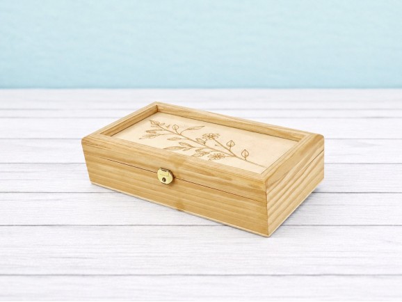 Caja de madera 28,5x15x7 cm. c/tapa de cristal y 2 bandejas Ref.PCR4V
