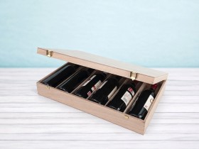 Caja de madera 6 botellas de vino bisagra y broche Ref.6BotBBOK