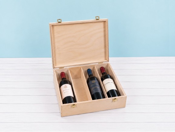Wooden box for 4 wine bottles with hinge and clasp Ref.4botBBOK