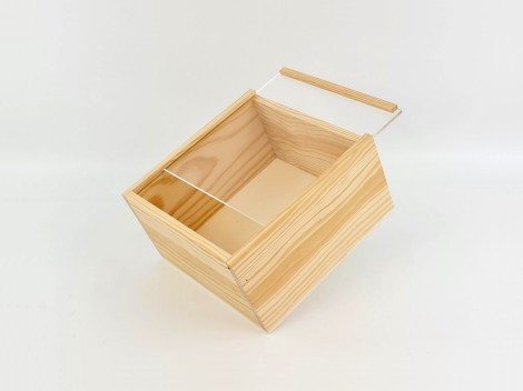 Caja de madera pino 22x22x12 cm. c/Tapa Metacrilato marco Ref.99M