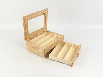 Caja de madera 27,5x20,5x11 cm. c/cajón, divisiones y tapa cristal Ref.PC0R50V