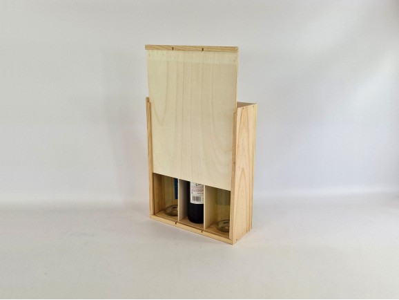 Pine wood box for 3 wine bottles Sliding lid Frame Ref.