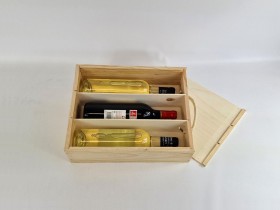 Pine wood box for 3 wine bottles Sliding lid Frame Ref.