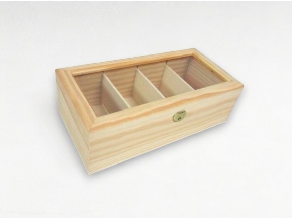 Caja de madera 29x14x9 cm. 4 divisiones c/tapa de cristal Ref.P00CC5V