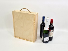 Pine wood box with 3 bottles of cava with sliding lid Ref.DRSW233